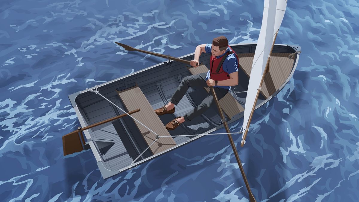 Dezelfde man is de boot aan het roeien.