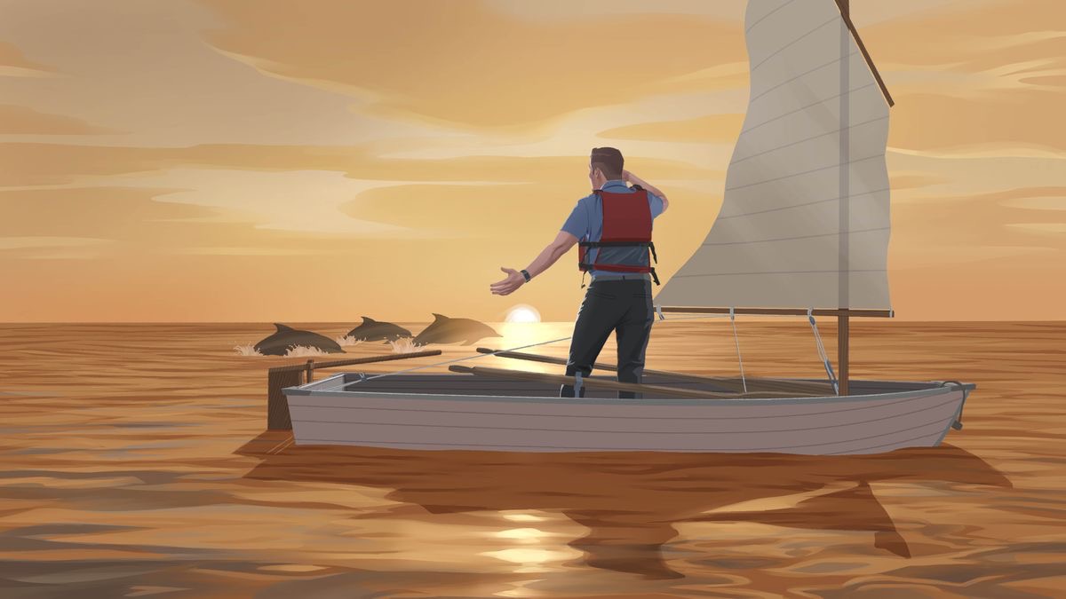 Dezelfde man kijkt in zijn boot naar de dolfijnen terwijl de zon ondergaat.