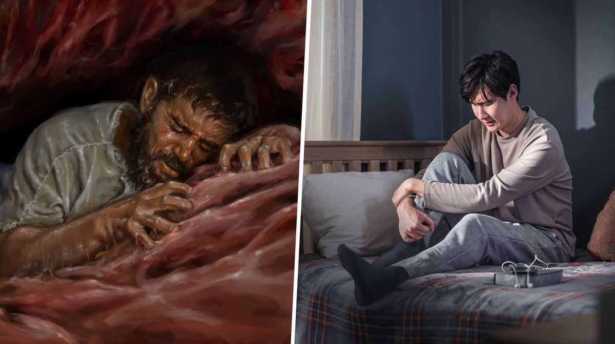 Collage: 1. Jona bidt vurig in de buik van een vis. 2. Een broeder bidt vurig op zijn slaapkamer. Naast hem liggen een bijbel en een smartphone met oordopjes.