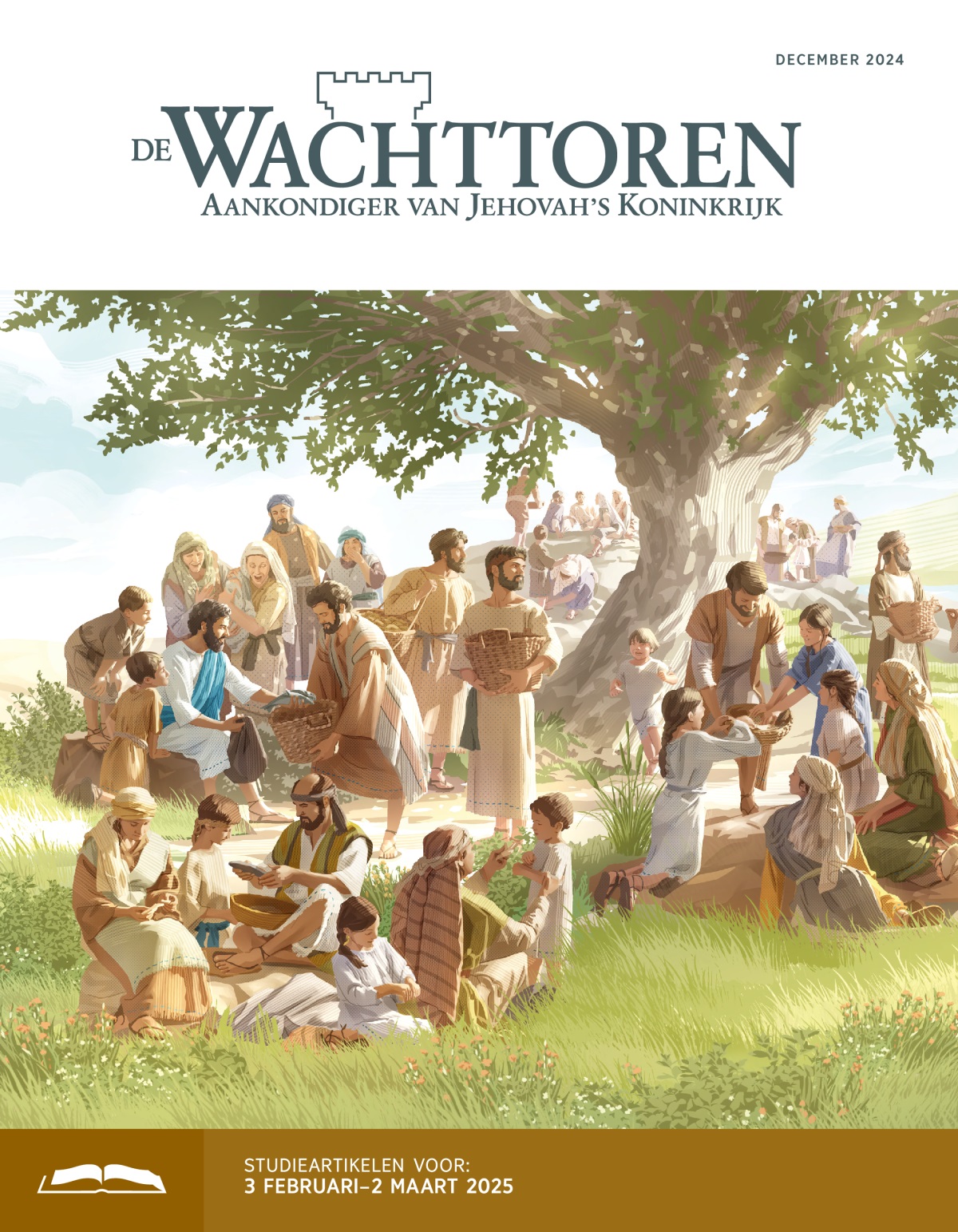 Jezus geeft brood en vis aan zijn discipelen. De discipelen delen het voedsel uit aan een grote groep mannen, vrouwen en kinderen.