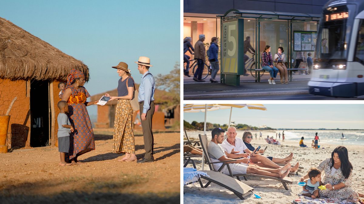 Collage: Manieren waarop we het goede nieuws met anderen delen. 1. In Afrika predikt een echtpaar tot een vrouw die met haar kinderen voor haar huis staat. 2. Een zuster geeft getuigenis aan een vrouw bij een bushalte. 3. Een broeder die op vakantie is praat op het strand met een man die naast hem zit.