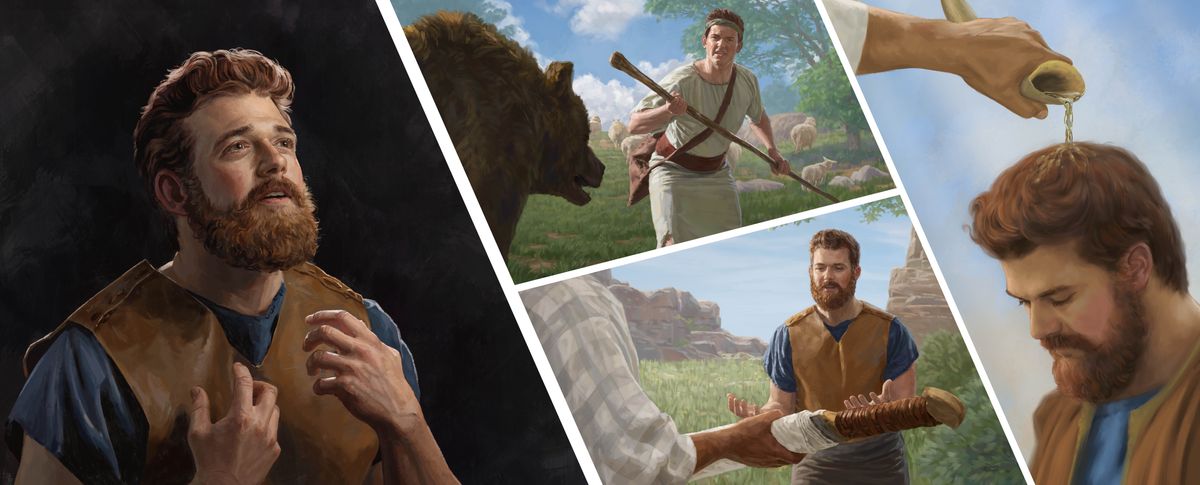 Collage: David overdenkt hoe Jehovah hem heeft geholpen en hem nog steeds helpt. 1. Als jongen gebruikt David een staf om tegen een beer te vechten. 2. Hij krijgt van Achimelech het zwaard van Goliath. 3. Hij wordt met olie gezalfd.