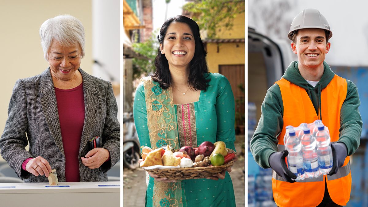 Collage: Broeders en zusters die blij zijn terwijl ze iets geven. 1. Een zuster doet een donatie in een bijdragenbus. 2. Een zuster heeft een mand met fruit en groenten in haar handen. 3. Een broeder deelt flesjes water uit.