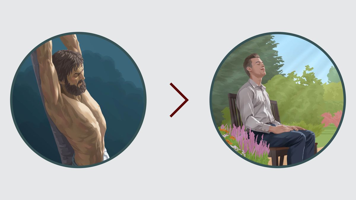 Collage: Jezus’ offer herstelt onze relatie met Jehovah. 1. Jezus aan een martelpaal. 2. Een broeder in een park is vredig aan het bidden.