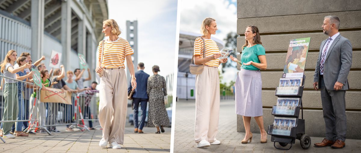 Collage: 1. Een vrouw kijkt naar een groep tegenstanders die bij een congreslocatie staan te demonstreren. 2. Later praat de vrouw met een echtpaar die bij een lectuurstand staan.