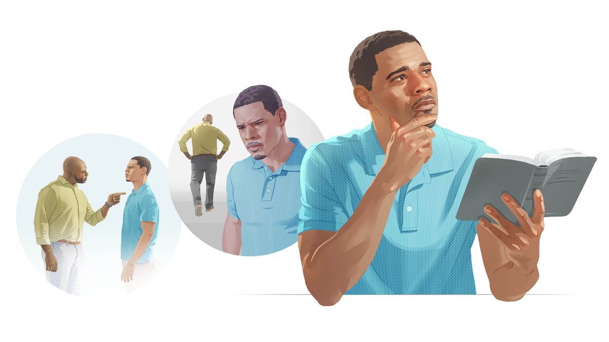 Collage: Een broeder kiest ervoor aan een kwestie voorbij te gaan. 1. Hij wordt uitgescholden door een andere broeder. 2. Hij denkt na over wat de ander net deed. 3. Hij leest de Bijbel en mediteert.