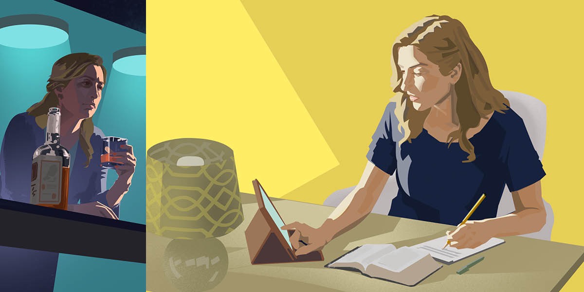 Een vrouw die te veel drinkt en daarna over Bijbelse principes nadenkt