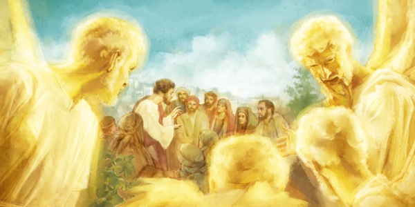 Engelen die meeluisteren als Jezus met mensen over Gods Koninkrijk praat