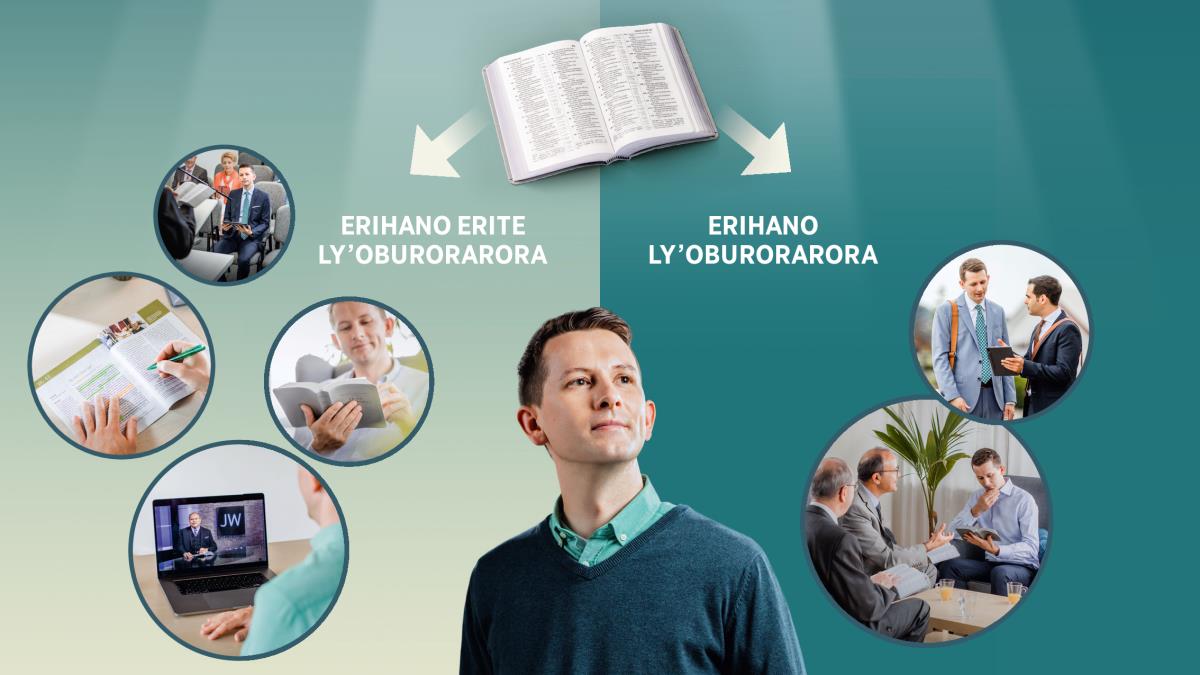 Esyopitsa: Mughala wetu akalengekanaya oko syonzira esyo angabanamo erihano. EBiblia eyikingulire eyiri endata kw’iye yikakanganaya emyatsi ngoko angabana erihano erite rya burorarora kutse erihano rya burorarora. 1. Erihano erite rya burorarora: mughala wetu akaya oko mihindano; akasoma eBiblia; akalebaya e JW Teledifuzyo; akigha ekitsapo kilebe. 2. Erihano rya burorarora: mughala wetu akahulikirirra oghundi mughala wetu akakania naye n’erimubwira omwatsi mulebe erilua omo tablete; akabana erilendererwa ry’abasyakulu babiri b’endeko.