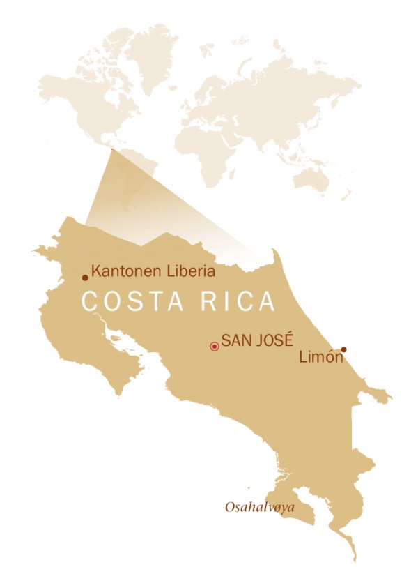 Et verdenskart som viser Costa Rica