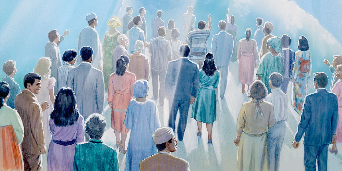 Folk fra alle nasjoner ser mot himmelen mens de venter på Jesu dom