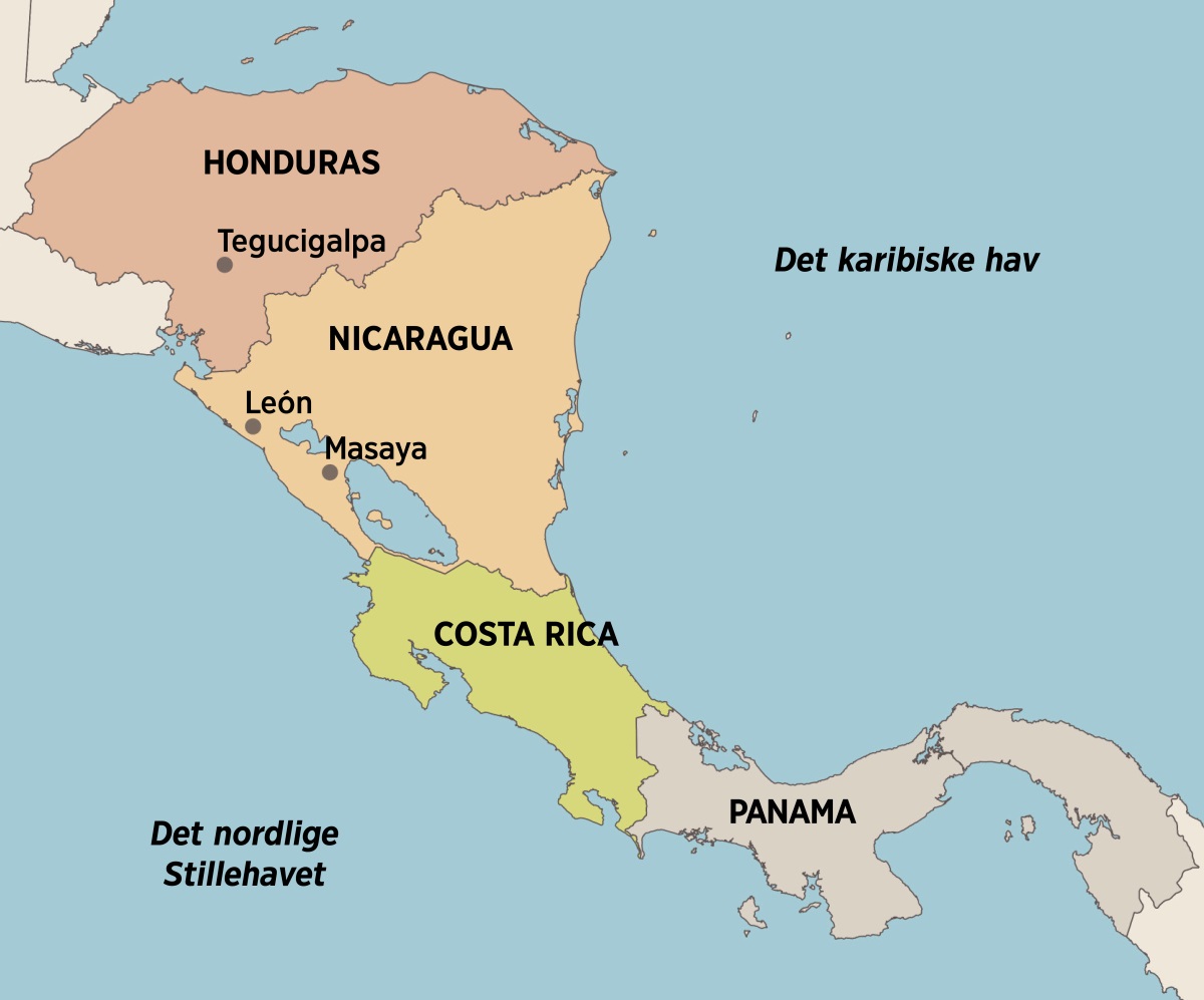 Et kart over Mellom-Amerika som viser hvor Elfriede har bodd og forkynt: Tegucigalpa i Honduras, León og Masaya i Nicaragua, Costa Rica og Panama.
