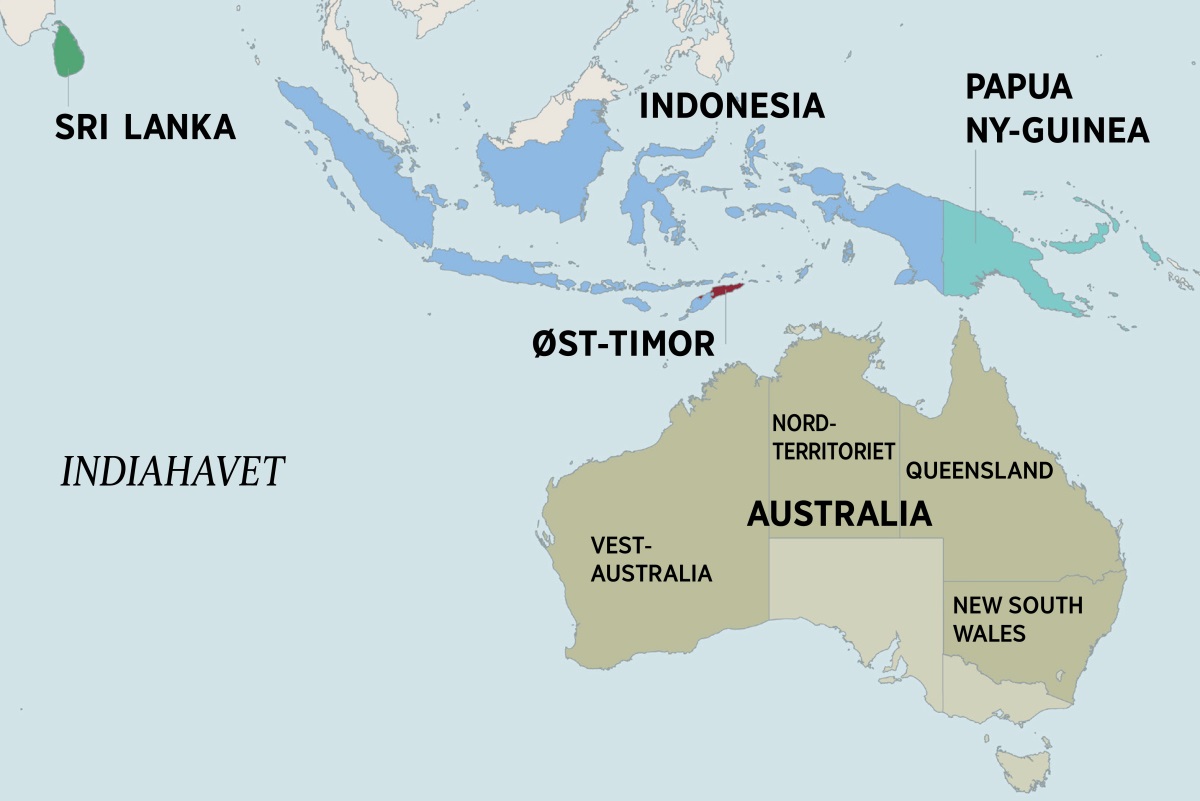 Et kart over Australia, Sri Lanka, Indonesia, Papua Ny-Guinea og Øst-Timor. Kartet over Australia viser Nordterritoriet og delstatene Vest-Australia, Queensland og New South Wales.