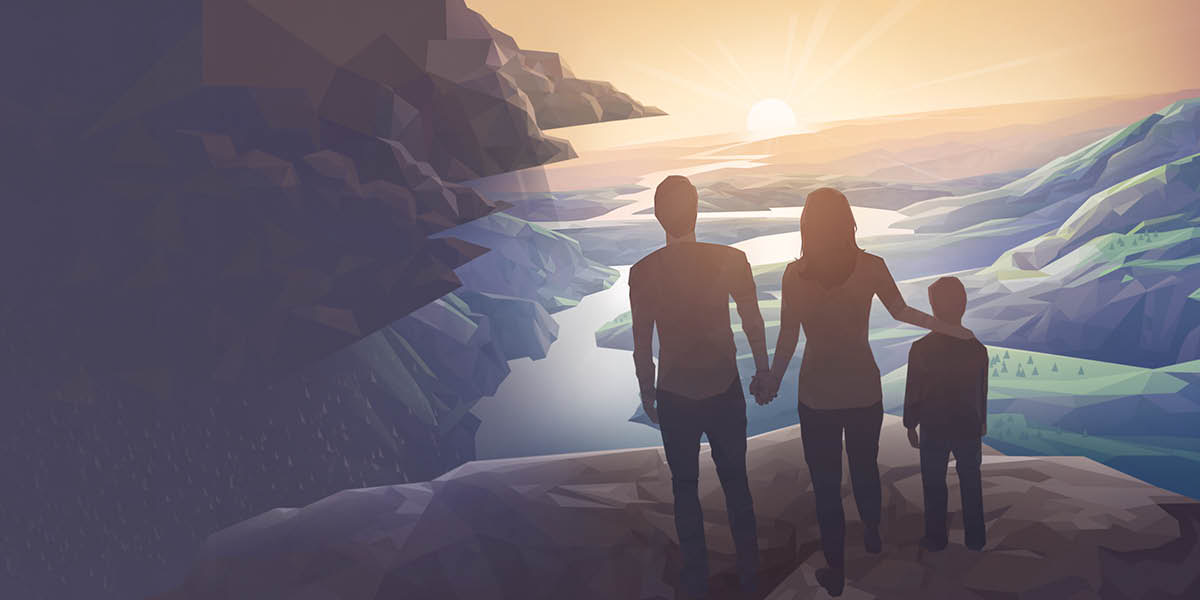 Et ektepar og sønnen deres står på et fjellplatå og ser utover en fredelig elvedal.