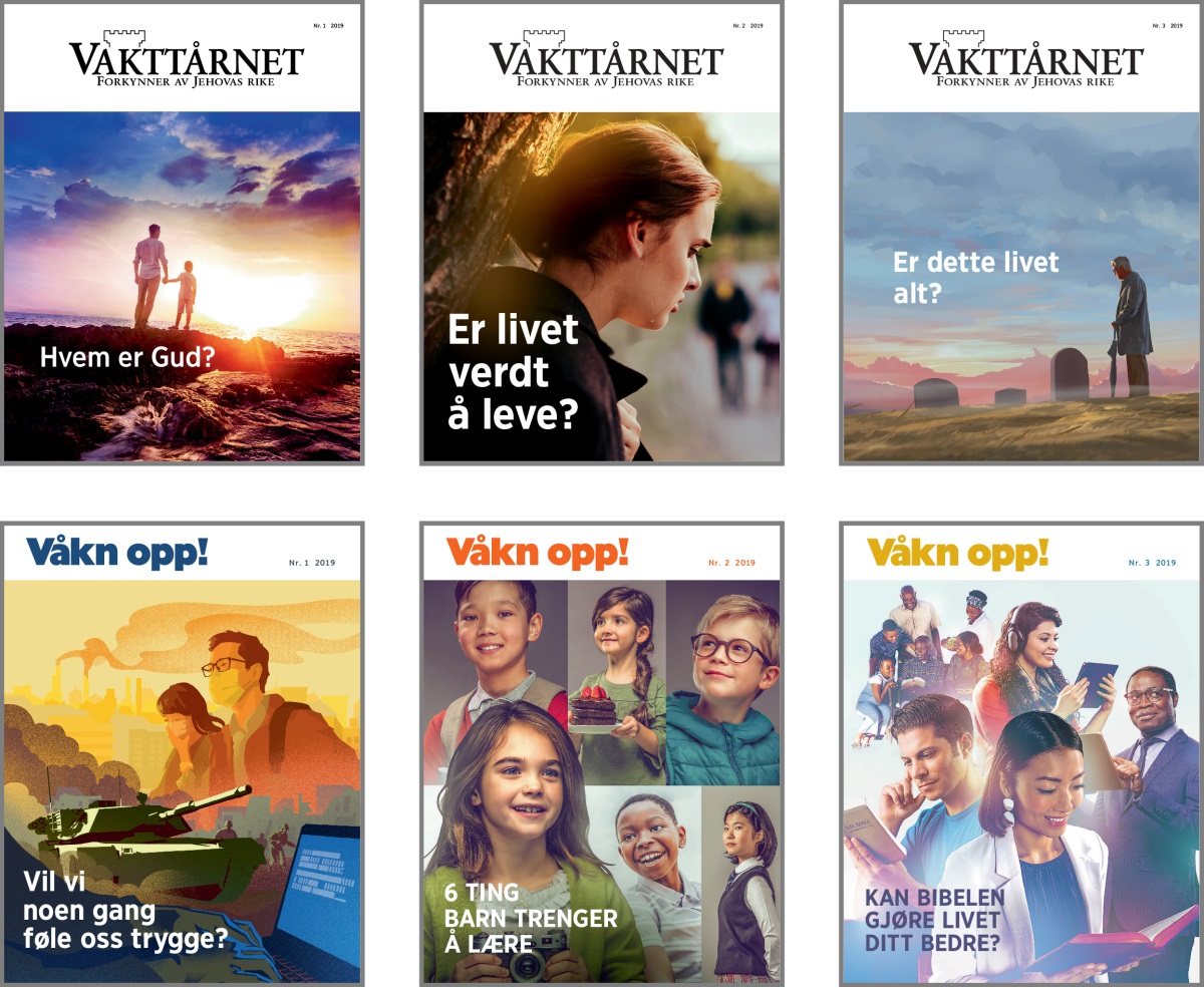 Bildeserie: Forsidetemaer i ‘Vakttårnet’ og ‘Våkn opp!’ i 2019. 1. ‘Hvem er Gud?’ 2. ‘Er livet verdt å leve?’ 3. ‘Er dette livet alt?’ 4. ‘Vil vi noen gang føle oss trygge?’ 5. ‘6 ting barn trenger å lære.’ 6. ‘Kan Bibelen gjøre livet ditt bedre?’