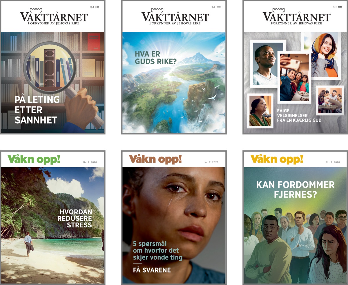 Bildeserie: Forsidetemaer i ‘Vakttårnet’ og ‘Våkn opp!’ i 2020. 1. ‘På leting etter sannhet.’ 2. ‘Hva er Guds rike?’ 3. ‘Evige velsignelser fra en kjærlig Gud.’ 4. ‘Hvordan redusere stress.’ 5. ‘5 spørsmål om hvorfor det skjer vonde ting – få svarene.’ 6. ‘Kan fordommer fjernes?’