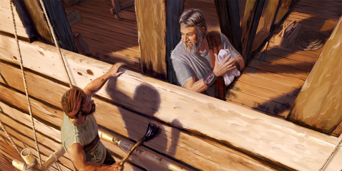 Noah og en av sønnene hans bygger arken; sønnen står på et stillas og dekker arken med tjære.