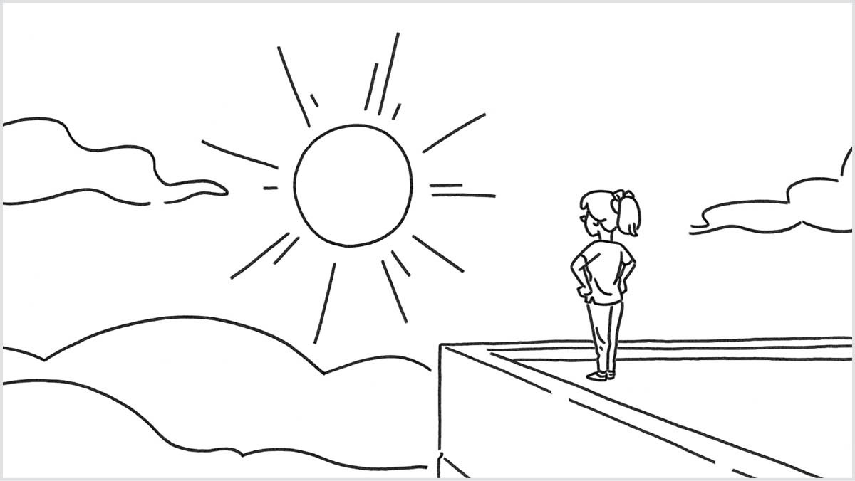 En scene fra videoen «Ikke la livet ditt gå opp i røyk». En ung kvinne på toppen av en bygning ser på solen som skinner på en klar himmel.