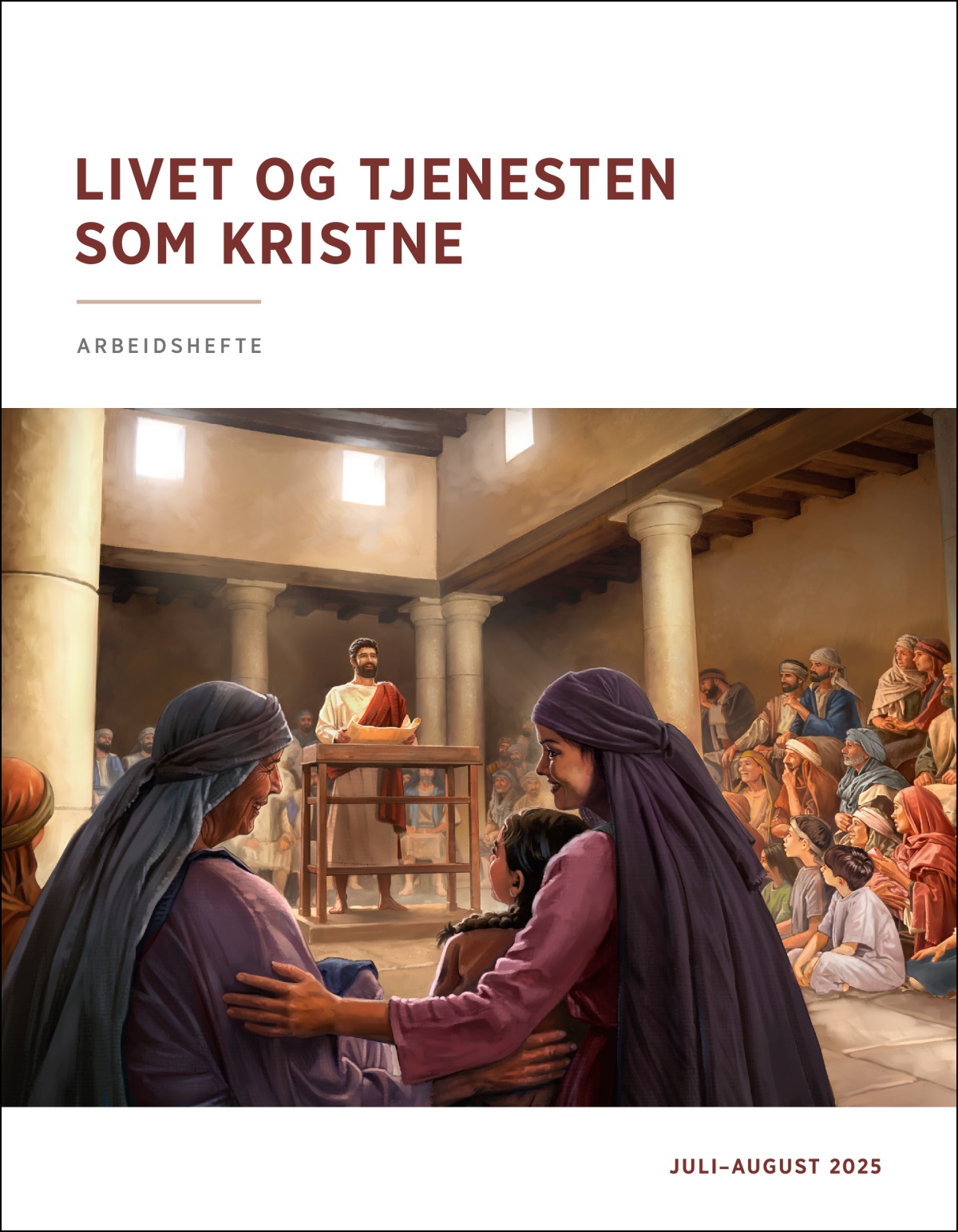 Jesus underviser i en synagoge, og han har en bokrull i hendene. Noen menn, kvinner og barn følger godt med.
