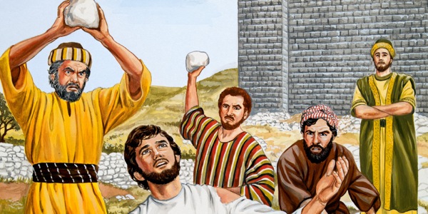 Stefanus ber mens han blir steinet av noen sinte menn