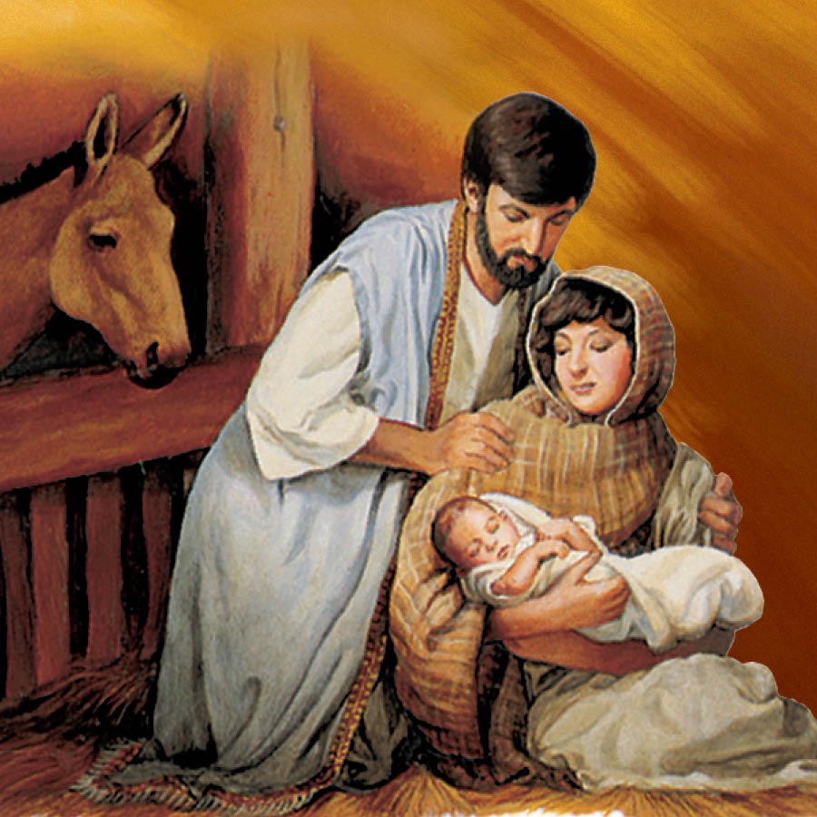Josef, Maria og den nyfødte Jesus i en stall