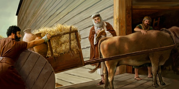 Noah og to av sønnene hans kjører fôr inn i arken før vannflommen