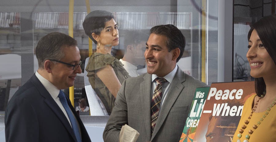 En uvirksom søster sitter på en buss og ser trist ut. Hun ser to Jehovas vitner som deltar i offentlig forkynnelse med litteraturtraller. Forkynnerne er glade og snakker med en mann.