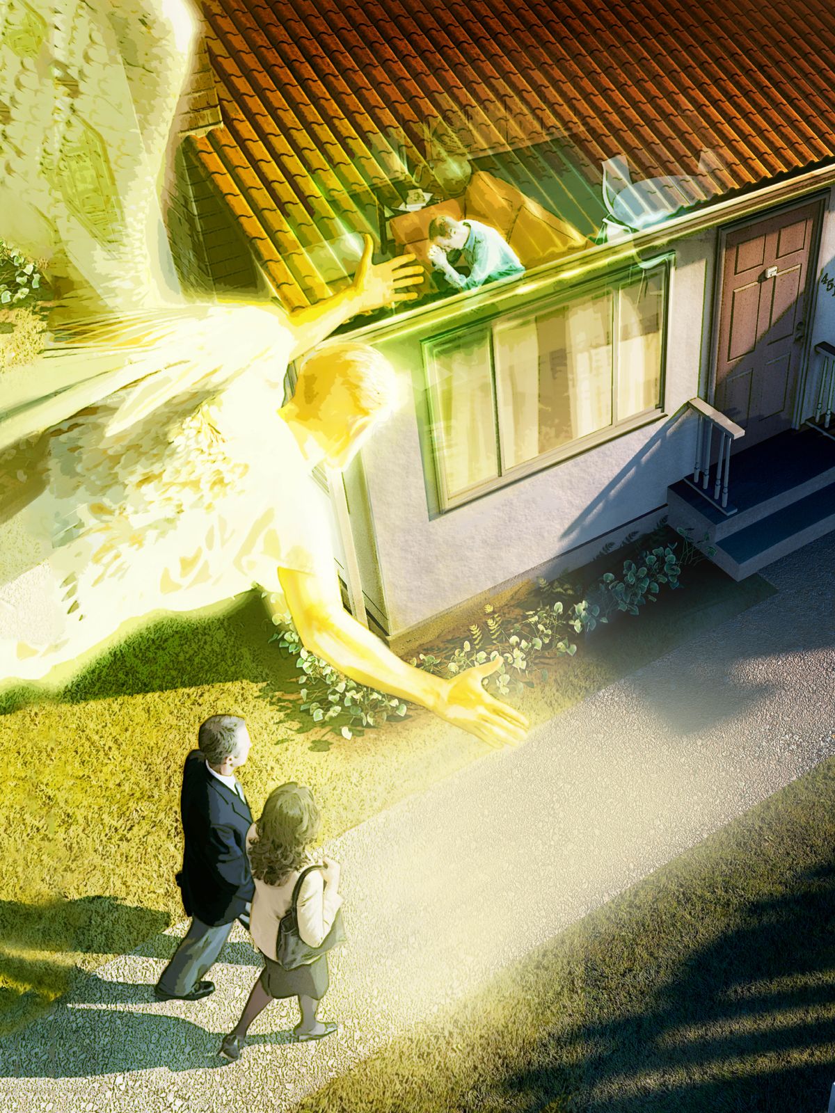 En engel leder et ektepar som er på feltet, til et hus. Inne i huset er det en mann som ber.