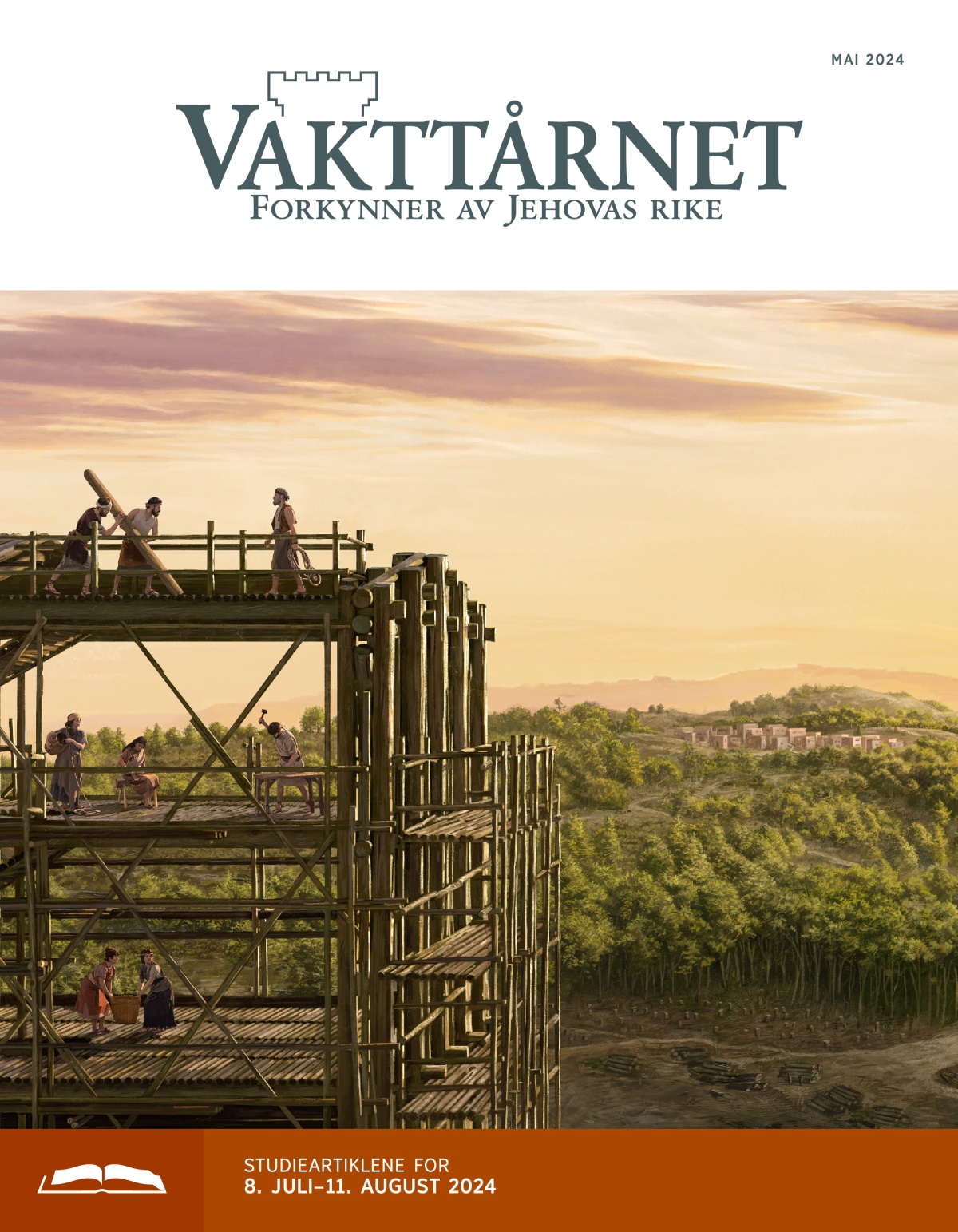 Noah og familien hans har begynt å bygge arken. I det fjerne ser man en landsby omgitt av skog.