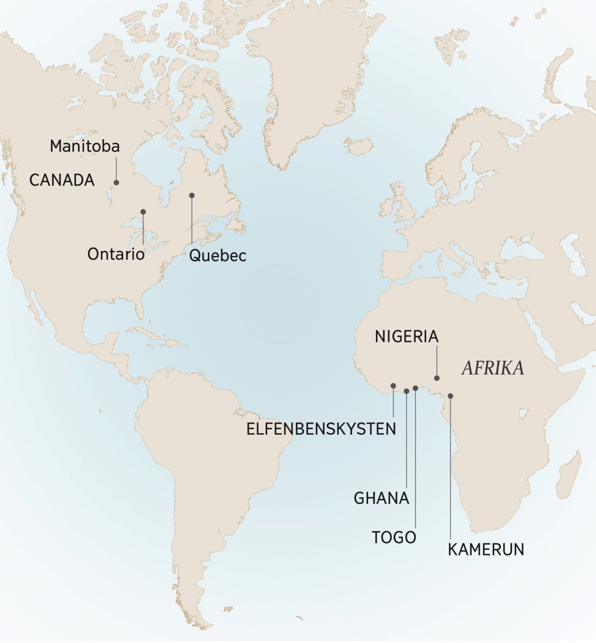 Et kart som viser noen av de stedene André bodde og tjente: Manitoba i Ontario og Quebec i Canada; Elfenbenskysten, Ghana, Kamerun, Nigeria og Togo i Afrika.