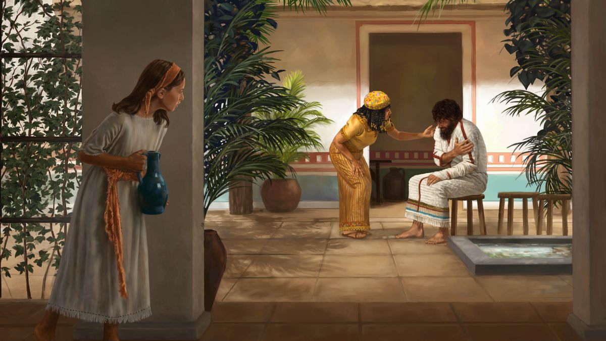 Den lille israelittiske jenta står bak en stolpe i huset til Naaman og ser på at kona til Naaman prøver å trøste ham.