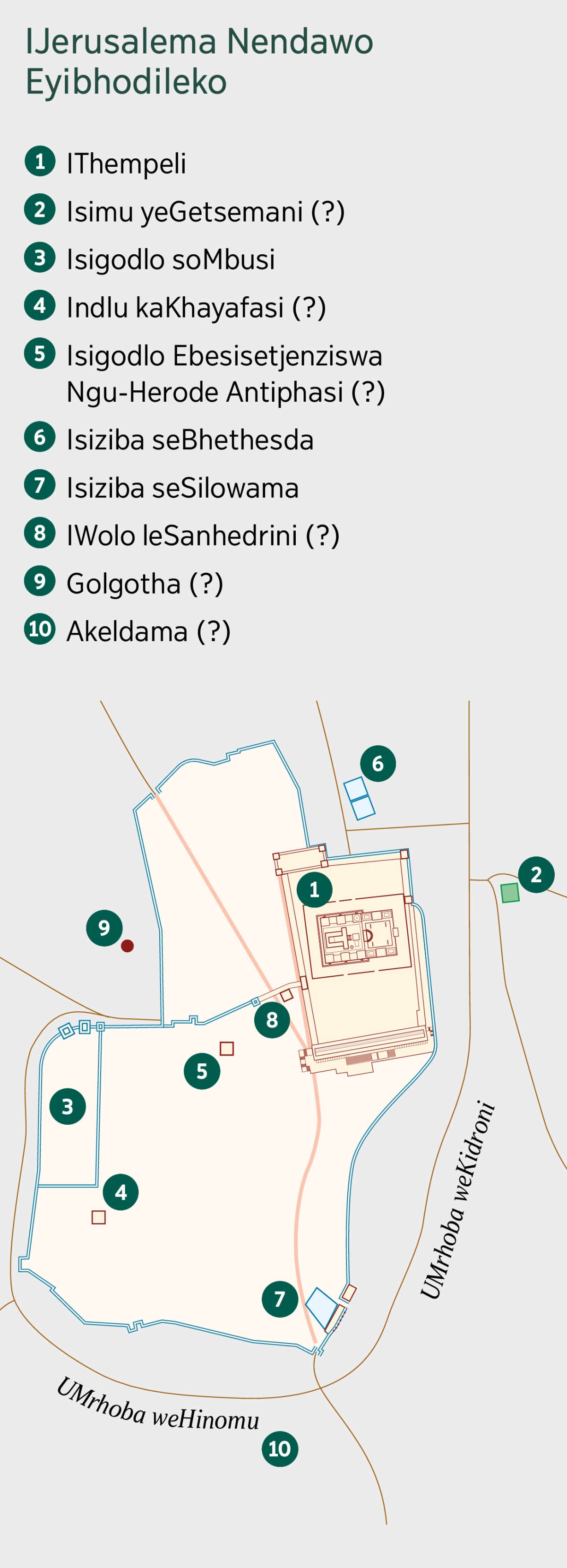 Umebhe otjengisa iJerusalema neendawo eziyibhodileko. Ukhombisa iindawo ezaziwako nalapho ekucatjangelwa ukuthi zazikhona. 1. IThempeli. 2. ISimu yeGetsemani. 3. Isigodlo soMbusi. 4. Indlu kaKhayafasi. 5. Isigodlo ebesisetjenziswa nguHerode Antiphasi. 6. Isiziba seBhethesda. 7. Isiziba seSilowama. 8. IWolo yeSanhedrini. 9. IGolgotha. 10. I-Akeldama.