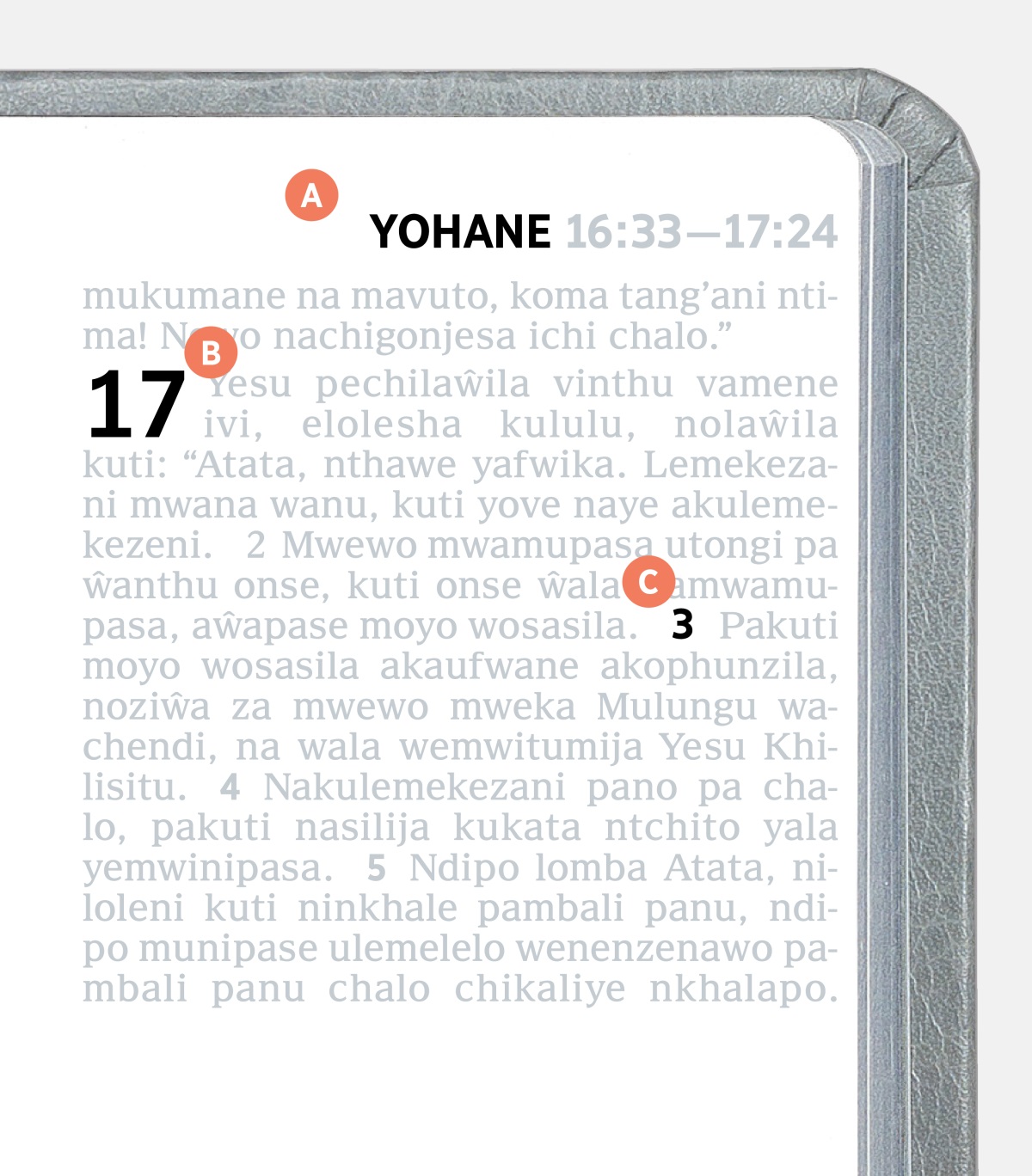 Vizindikilo vufotokoza A, B, na C pa pedji ya m’Baibolo.
