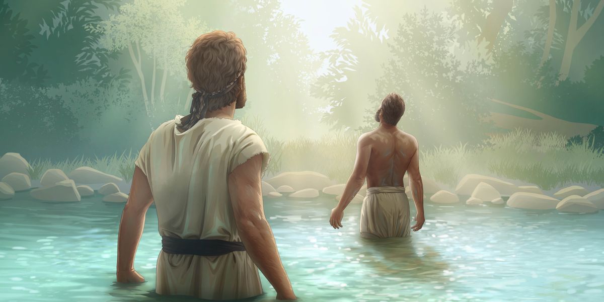 John the Baptist and Jesus Christ in the Jordan River, looking up as rays of light shine down from above.