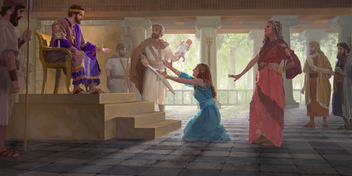 King Solomon identifies the real mother of a baby