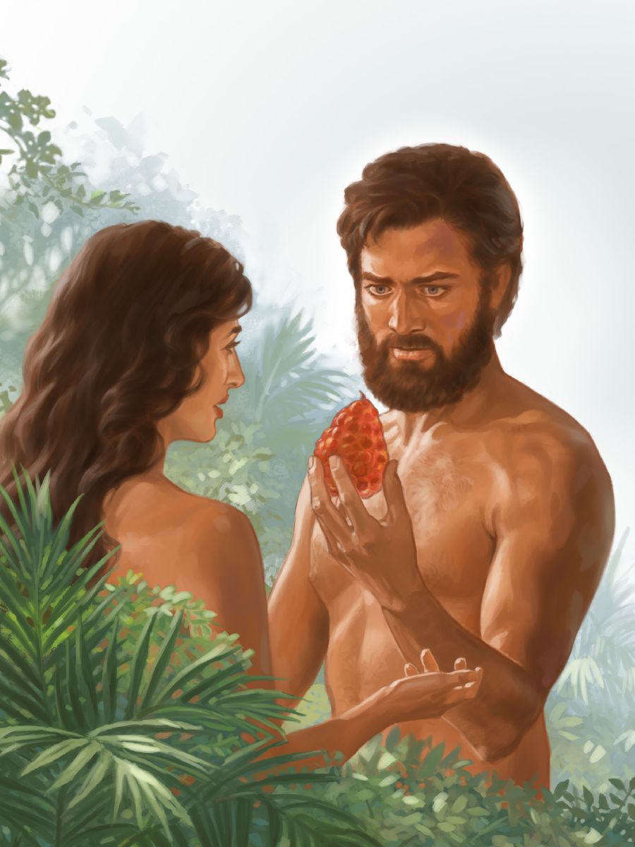 Adam holds the forbidden fruit that Eve gave him