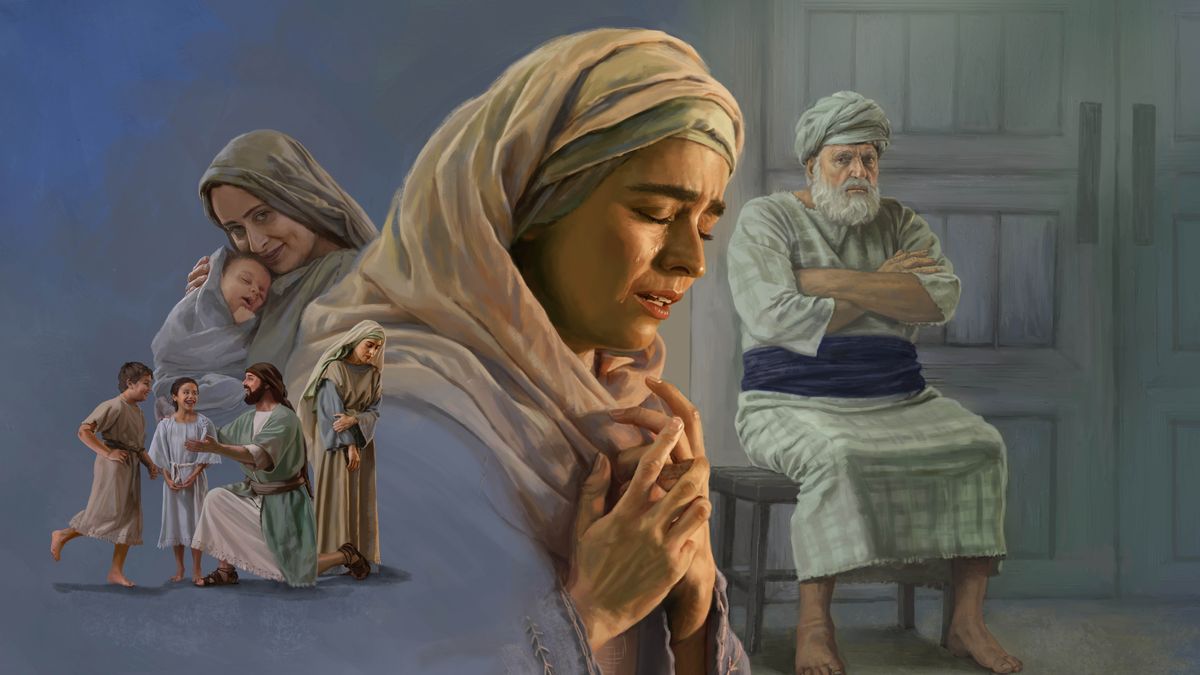 Collage: 1. Hannah mournfully looks away while Elkanah plays with two of his children. 2. Peninnah smiles as she cradles her newborn baby. 3. Hannah cries while she prays intensely. 4. High Priest Eli sits with his arms crossed and glares at Hannah.