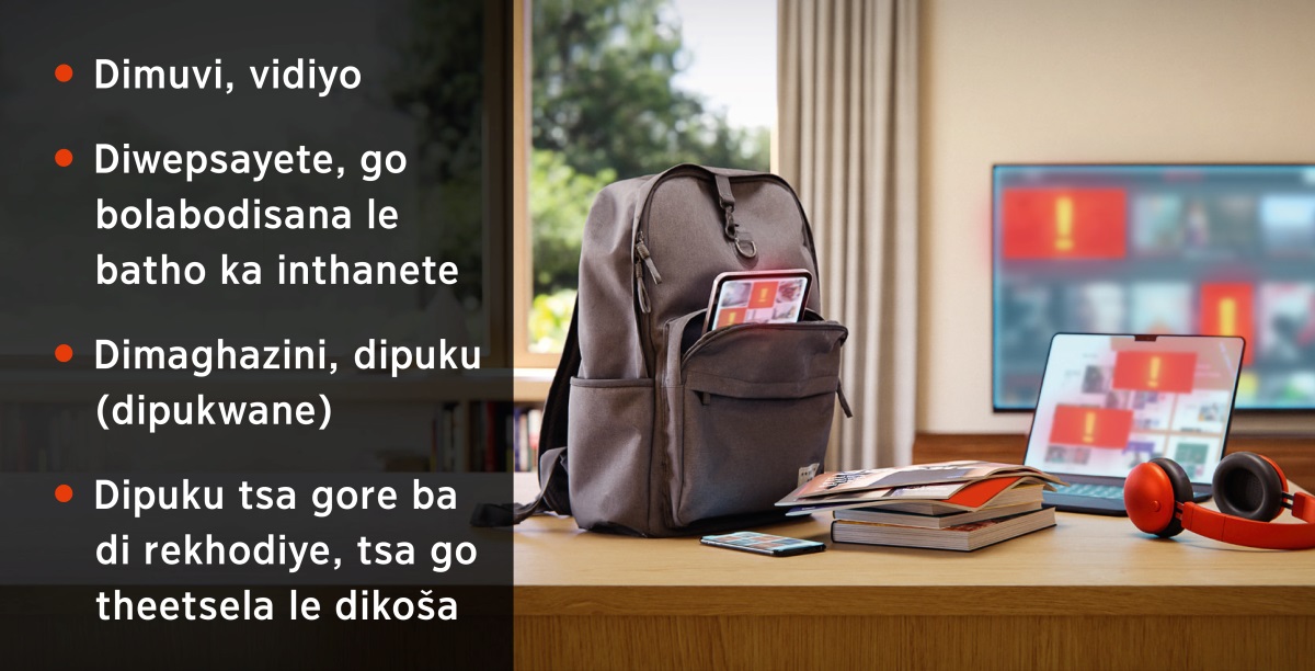 Thebholete ka teng ga sekhwama, fowunu, dipuku le dimaghazini, khomphyuta le tsa go tšhela ka ho ditsebeng le TV. Letheto la dilo tso o ka krayang dithombhe tsa batho ba go sa tšwara, go kena: 1. Dimuvi, dividiyo. 2. Diwepsayete, go bolabodisana le batho ka inthanete. 3. Dimaghazini, dipuku (dipukwane). 4. Dipuku tsa gore ba di rekhodiye, tsa go theetsela le dividiyo tsa inthaneteng, dikoša.