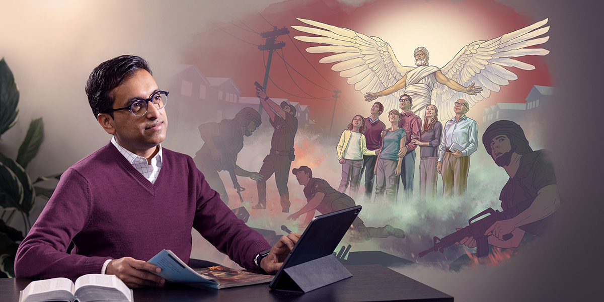 M’bale akuwerenga buku la Chingelezi lakuti “Pure Worship of Jehovah​—Restored At Last!” Iye akuganizira mmene mngelo wa Yehova akutetezera anthu a Mulungu pa Aramagedo.
