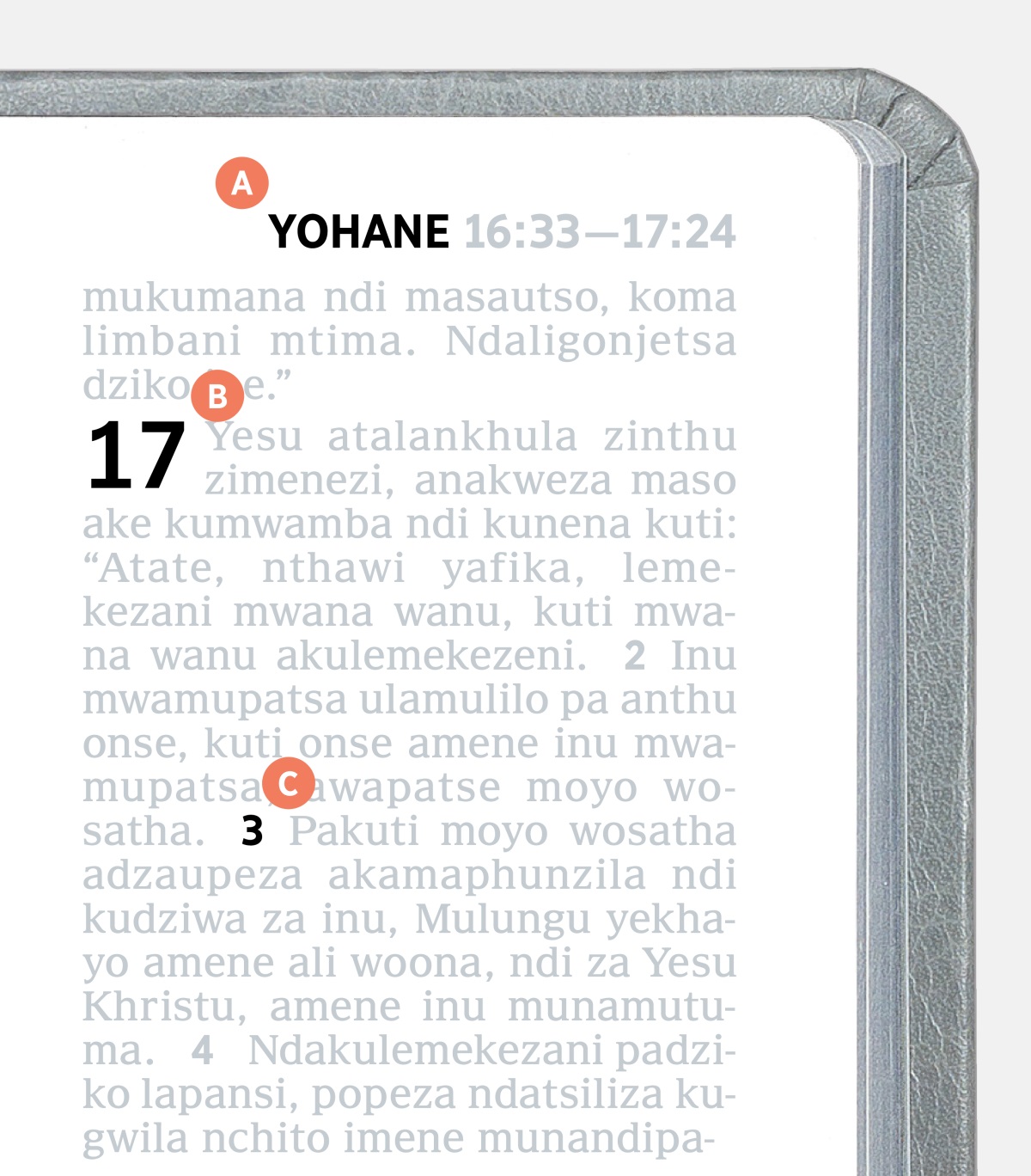 Zilembo zosonyeza mbali za A, B, na C pa tsamba la m’Baibo.