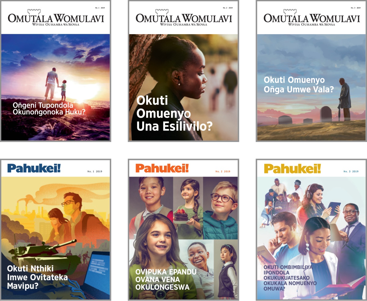 Omalutalatu: Onosapi mbo ‘Mutala Womulavi’ no ‘Pahukei!’ mo 2019. 1. ‘Oñgeni Tupondola Okunoñgonoka Huku?’ 2. ‘Okuti Omuenyo Una Esilivilo?’ 3. ‘Okuti Omuenyo Oñga Umwe Vala?’ 4. ‘Okuti Nthiki Imwe Ovitateka Mavipu?’ 5. ‘Ovipuka Epandu Ovana Vena Okulongeswa.’ 6. ‘Okuti Ombimbiliya ipondola Okukukuatesako okukala Nomuenyo Omuwa?’