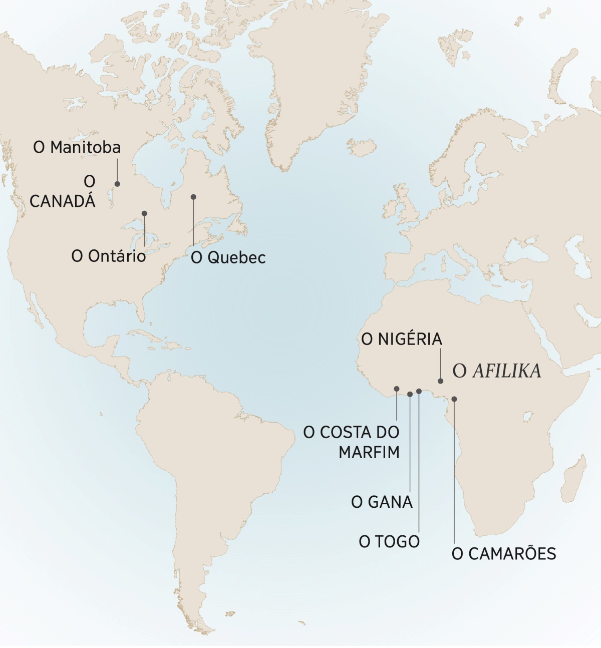 Omapa ilekesa Ovilongo André akalaile noku aundapaile: Manitoba, Ontario, Quebec, Canada; Camarões, Costa do Marfim, Gana, Nigéria, Togo, noko Afilika.