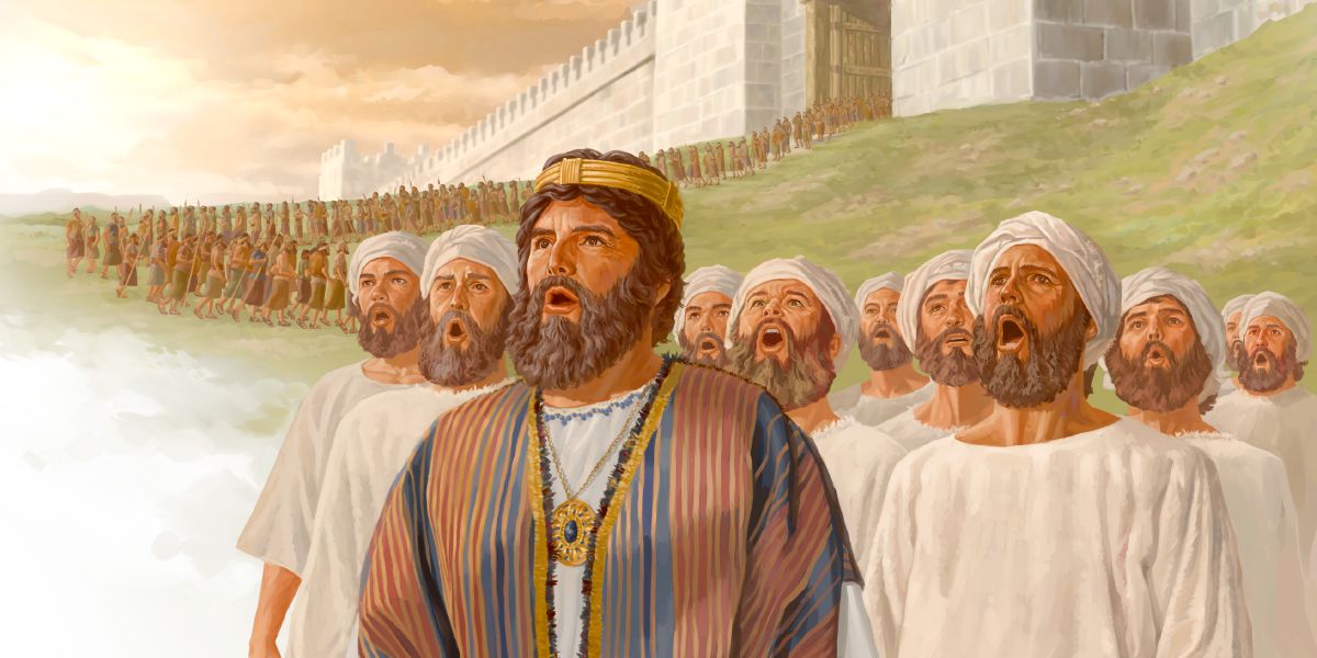 Mambo Jehosafati na Alevi omwe ankuimba ankutsogolera anyankhondo omwe ankucoka mu mzinda wa Jeruzalemu