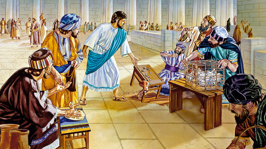 Jezu akugubuduza meza za anyakucinjanisa kobiri mu templo.