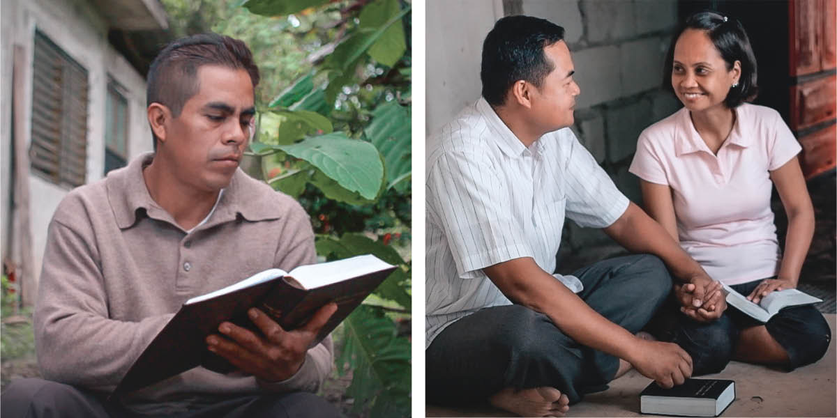 Mbali za mu vidiyo yakuti “Mangani Nyumba Yomwe In’dzapitiriza Kukhala Yakulimba  —  ‘Mumbakomedwe na Bzomwe Munabzo Kale pa Nthaweyo.’” Bzithunzi-thunzi: 1. Ángel akuwerenga Bibliya. 2. Lester na mkazace akuwerenga Bibliya pabodzi.