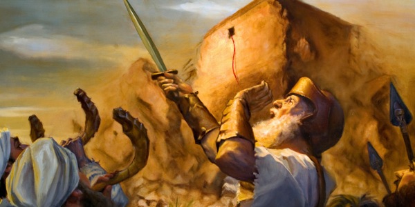ਪੁਜਾਰੀ ਤੁਰ੍ਹੀਆਂ ਵਜਾ ਰਹੇ ਹਨ ਜਦਕਿ ਯਹੋਸ਼ੁਆ ਜੈਕਾਰਾ ਗਜਾਉਂਦਾ ਹੈ