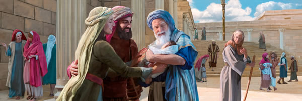 ਮਰੀਅਮ ਤੇ ਯੂਸੁਫ਼ ਮੰਦਰ ਵਿਚ, ਸ਼ਿਮਓਨ ਨੰਨ੍ਹੇ ਯਿਸੂ ਨੂੰ ਕੁੱਛੜ ਚੁੱਕਦਾ ਹੈ ਤੇ ਅੱਨਾ ਉਸ ਵੱਲ ਦੇਖਦੀ ਹੋਈ
