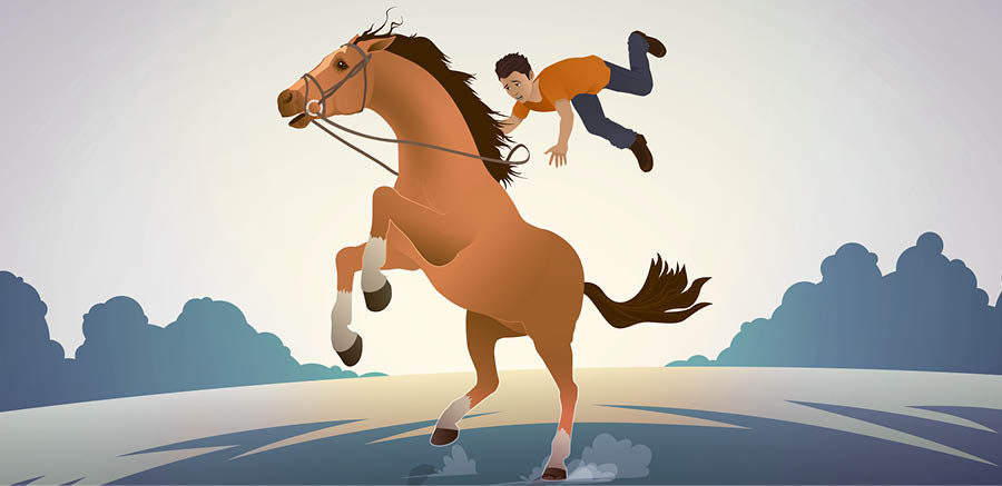 ਘੋੜਾ ਇਕ ਮੁੰਡੇ ਨੂੰ ਥੱਲੇ ਸੁੱਟਦਾ ਹੋਇਆ।