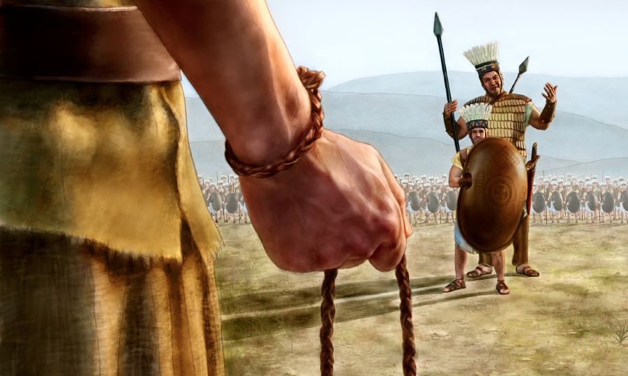 ਦਾਊਦ ਗੋਲਿਅਥ ਅਤੇ ਉਸ ਦੇ ਹਥਿਆਰ ਚੁੱਕਣ ਵਾਲੇ ਨੂੰ ਮਿਲਣ ਜਾਂਦਾ ਹੋਇਆ