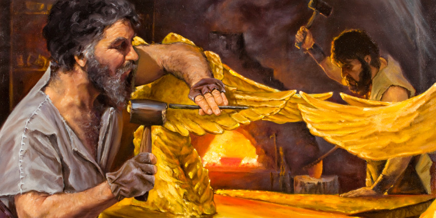 ਬਸਲਏਲ ਤੇ ਆਹਾਲੀਆਬ ਸੋਨੇ ਦੇ ਕਰੂਬੀ ਬਣਾਉਂਦੇ ਹੋਏ